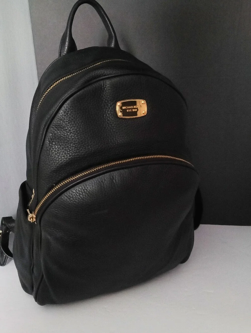 Michael Kors Black Leather Backpack with Gold Accents